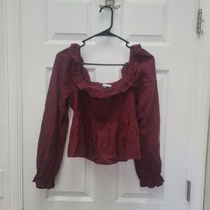 AE Smocked Plaid Blouse, Medium